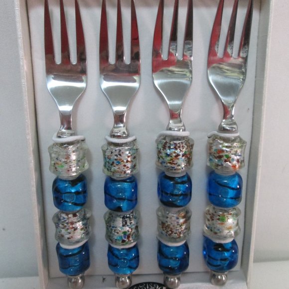 Wild Eye Designs Appetizer Art Glass small Forks silverware blue 2 Sets NEW NIB - Picture 4 of 9